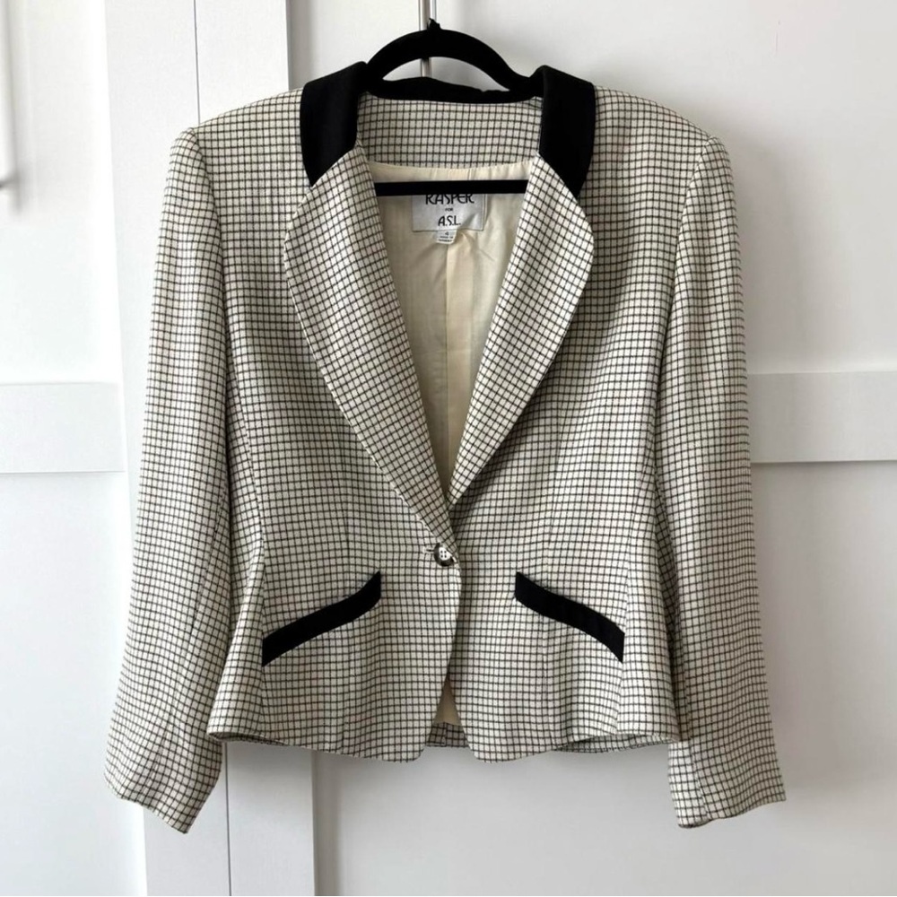 Kasper for A.S.L Black and White Blazer with Velvet Trim